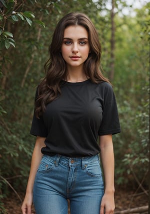 photo taken with iphone 14 pro, day lighting, medium brunette hair, perfect eyes, detailed face, detailed nose, 18 y.o. girl, big breasts, smirk, black t-shirt and denim pants, in the nature background, realism, realistic, raw,photorealistic, yofukashi background, instagram photo, Masterpiece