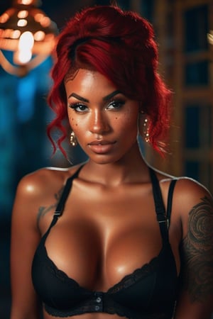 photo, rule of thirds, captive lighting, medium red hair, detailed face, detailed nose, black woman wearing red bra, freckles, smirk, tattoo,big_boobies,big size breast, intricate background
,realism,realistic,raw,analog,woman,portrait,photorealistic,analog,realism