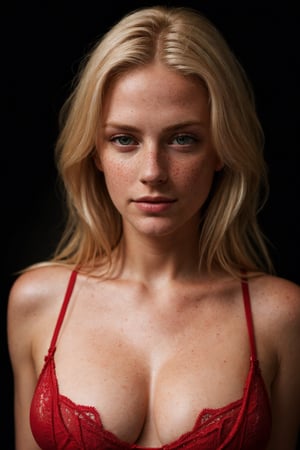 photo, rule of thirds, dramatic lighting, medium blonde hair, detailed face, detailed nose, woman wearing red bra, freckles, smirk, tattoo,big_boobies,big size breast, intricate background
,realism,realistic,raw,analog,woman,portrait,photorealistic,analog,realism