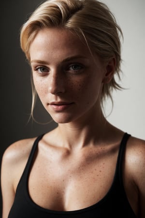 photo, rule of thirds, dramatic lighting, medium blonde hair, detailed face, detailed nose, woman wearing tank top, freckles, smirk, tattoo,big breasts, intricate background
,realism,realistic,raw,analog,woman,portrait,photorealistic,analog,realism