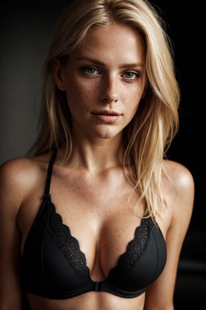 photo, rule of thirds, dramatic lighting, medium blonde hair, detailed face, detailed nose, woman wearing black bra, freckles, smirk, tattoo,big_boobies,big size breast, intricate background
,realism,realistic,raw,analog,woman,portrait,photorealistic,analog,realism