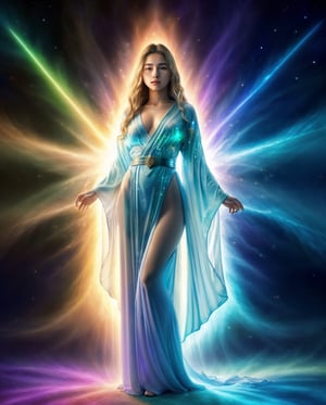 (4K, live shooting, highest quality, Masterpiece: 1.2), (Real, Photoreal: 1.37), Celestial maiden flying in the sky, flying sky, Celestial maiden's robe, Japanese kimono, holographic celestial robe, ample breasts , fantastic light, hyperdimensionality, fractals, cymatics, 650Hz, 6500Hz, 6500GHz, string theory, 10 dimensions, quantum vibrations, waves and particles of light, 18 years old, 1 female,high_school_girl