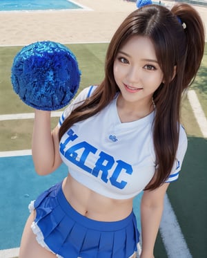 (4K, live shooting, highest resolution, Masterpiece: 1.2), (Real, Photoreal: 1.37), Full body, Big breasts, erect nipples, large areolas, trained body, cheerleader, big pom-poms in front of the chest Dancing with ((a very large pom-pom of the same color and size, holding one in each hand)) Cheer cheer dance, competition ground cheering seats, shiny blue cheer uniform, white miniskirt, cute smile, 24 year old female, 1 female, mikana_yamamoto, btr_alicee, sojung00825