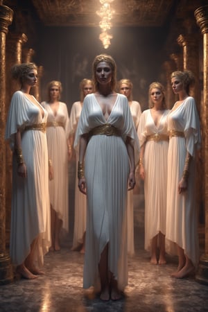 multiple beautiful prostitutes standing in an ancient roman brothel wearing white transparent robe , realistic,smooth, detailed face, highly detailed, intricate details, symmetrical, lighting, ambient light, real-time, vfx, digital 3d, uhd, hdr

