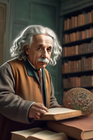 (a colored image of Einstein ) (with Isaac Newton), intricate details,8k(books in the background), library room,(ambient light),photorealistic