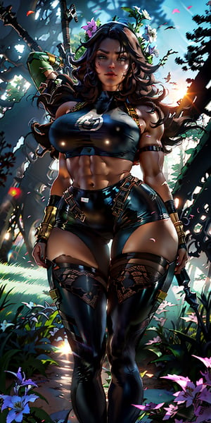 a beautiful woman, 40 years old, Camila Noceda, tomboy, brown hair, hunter jacket, black top, marked abs, jeans, voluptuous body, big breasts, very muscular shoulders, very muscular arms, wide hips, wide thighs , very muscular thighs, standing in the meadow, forest in the background, flowers on the trees, sunset, masterpiece, intricate and elaborate details, camilanoceda