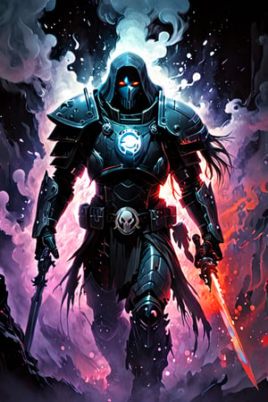 Black light and oil painting, warm foreground background, Kayvaan Shrike ((a male, long straight black hair, shoulder-length haircut, black eyes, pale white skin, muscular build, wears black cybernetic armor with white elemets and white lines, white raven symbol), surrounded by a cold misty night, glowing face paint with ultraviolet black light, by lois van baarle and bastien lecouffe deharme, drops of paint, dreamlike, digital painting, dynamic lighting, noir, art fantasy, stunning imaginative art, splatter art, subtle alcohol ink, mystical mist, night, shadows, magnificent and powerful, ((Space Marine, Kayvaan Shrike is a man from the Raven Guard, XIX Legion, Warhammer 40K)), concept art, acrylic paint, cinematic lighting, bright, intricate, cool color nuances, chaotic, 16k, illustration, colorful touches, golden ratio, fake detail, trending pixiv fanbox, acrylic spatula, slawomir maniak style, pascal campion, makoto shinkai studio ghibli genshin impact james gilleard greg rutkowski chiho aoshima, fear, wonder, 2d animation 3d painting, ghost person, DonMD3m0nXL, more detail XL,