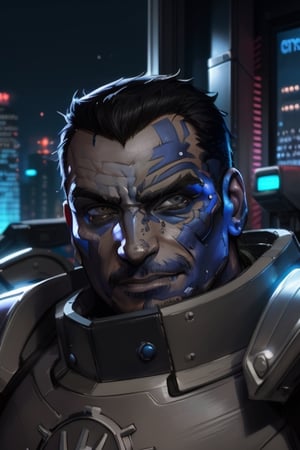 A handsome man, Ferrus Manus, black hair, pretty face, grey eyes. cybernetic armor, sci fi armor,  in the background a night city with neon lights, interactive elements, highly detailed, ((Detailed face)), ((Detailed half body) ),  Color Booster, sciamano240,sciamano240,soft shading