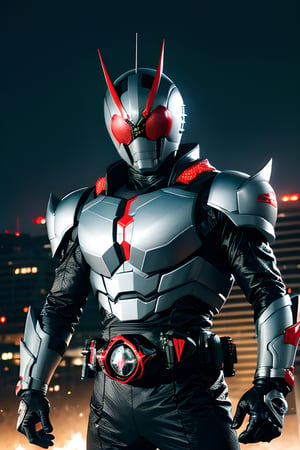 (8K,  raw,  proffesional,  top-quality),  (realisitic,  Photorealsitic:1.2),  perfect anatomy,  (Highest Detail Face:1.2),  Front lighting,  A dark shadow threatened the city。Kamen Rider Exword。Silver Grey and red body、Wearing a transformation belt、Burning with a Righteous Heart,  He follows the minions of darkness Defeat。The battle rages、The Last Enemy Appears。Join forces in the special move Evolt Lunado、Kamen Rider defeats the Lord of Darkness。, punch, 