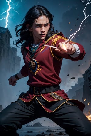 Harry Potter, 16 years old, no glasses, long black wavy hair, combed hair, detailed face, athletic body, detailed muscles, martial artist, detailed hands, martial arts pants, black pants with red and yellow details, blue energy around his body, lightning blues around his body, combat pose, Hogwarts School of Witchcraft and Wizardry in the background, 4k, interactive image, highly detailed, hogsweater, gryffindor, martial, Color Booster,(EnergyVeins:1.4),wrenchftmfshn