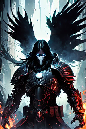 Black light and oil painting, warm foreground background, Kayvaan Shrike ((a male, long straight black hair, shoulder-length haircut, black eyes, pale white skin, muscular build, wears black cybernetic armor with white elemets and white lines, white raven symbol), surrounded by a cold misty night, glowing face paint with ultraviolet black light, by lois van baarle and bastien lecouffe deharme, drops of paint, dreamlike, digital painting, dynamic lighting, noir, art fantasy, stunning imaginative art, splatter art, subtle alcohol ink, mystical mist, night, shadows, magnificent and powerful, ((Space Marine, Kayvaan Shrike is a man from the Raven Guard, XIX Legion, Warhammer 40K)), concept art, acrylic paint, cinematic lighting, bright, intricate, cool color nuances, chaotic, 16k, illustration, colorful touches, golden ratio, fake detail, trending pixiv fanbox, acrylic spatula, slawomir maniak style, pascal campion, makoto shinkai studio ghibli genshin impact james gilleard greg rutkowski chiho aoshima, fear, wonder, 2d animation 3d painting, ghost person, DonMD3m0nXL, more detail XL,