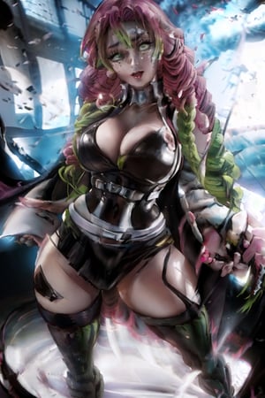 A beautiful woman, Mitsuri Kanroji, 19 years old, looking at the viewer, standing, hands on her hips, beautiful face, pink and green hair, white jacket, big breasts, marked abs, wide hips, wide thighs, black and white dress, miniskirt, tight-fitting clothing, green stockings, detailed background, interactive image, highly detailed, Mitsuri Kanroji, front-view, mitsuri(demon slayer)
