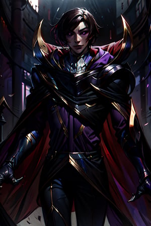 masterpiece, Lelouch Lamperouge, handsome man, straight hair, long hair, dark brown hair, violet eyes, white skin, black cape with red, purple armor, gold details, interactive image, highly detailed, lelouch lamperouge