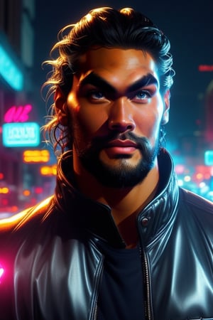 Cover, Jason Momoa is the driver, detailed face, thigh-length silver jacket, looking directly at the viewer,  interactive image, neon lights in the night city, very detailed, 4k. sks person, Silver jacket, Color Booster