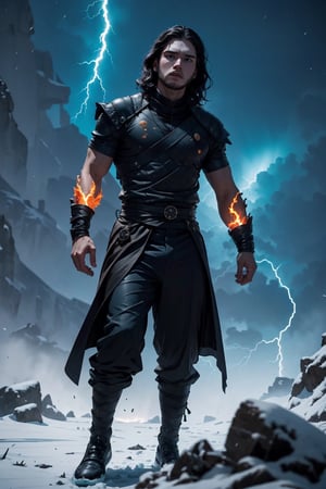 Jon Snow, 16 years old, long black wavy hair, combed hair, gray eyes, detailed face, athletic body, detailed muscles, martial artist, detailed hands, martial arts pants, black baggy pants with gray details, ((ice and fire energy around of his body)), ((Full lightning cyan around his body)), The North, snow falling, Winterfell in the distance in the background, 4k, interactive image, highly detailed, Color Booster, (EnergyVeins: 1.4), wrenchftmfshn,Color Booster