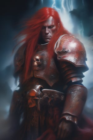 Angron (long_red_hair), Primarch, World Eaters, XII Legion, Warhammer 40K, extremely vibrant colours, normal skin Highly detailed, highly cinematic, close-up image of a deity of war, perfect composition, psychedelic colours, magical flowing mist, forest nature, silver_fullmoon, lots of details, storm rain downpour hurricane thunder lightnings sparkles metallic ink, beautifully lit, a fine art painting by drew struzan and karol bak, gothic art, dark and mysterious, ilya kuvshinov, russ mills, 

