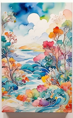 watercolour sketch, thick colorful ink outlines, on a white background, Organic flowing abstract painting featuring flowing motifs on the canvas, light-filled compositions, expansive skies, rounded organic forms, vibrant organic stage backdrops, light and vibrant colors blending together. tile, interactive image, highly detailed, high resolution.