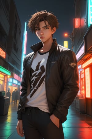 Toji Ide, a handsome young man,18 years old, brown hair, brown eyes, tanned skin. black yellow baggy t-shirt.  black white jacket, thigh-length jacket. baggy black pants. in the background a night city with neon lights, interactive elements, very detailed, ((Detailed face)),  toji ide, sciamano240