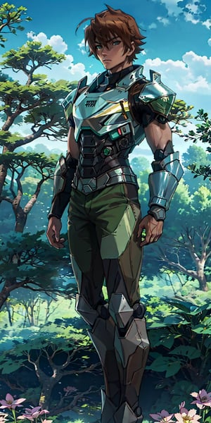 a handosme young man, 19 years old, Tatsumi, short LightBrown hair,  cybernetic armor,  ornaments, standing on flowers, ruins of the old city and spring forest in the background , sunny day, blue sky, soft colors, masterpiece, intricate and elaborate details. robot, solo, 1boy, tatsumi