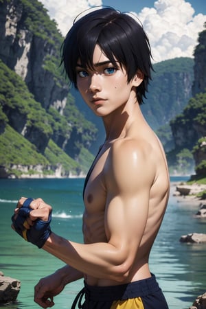 Hiro, 16 years old, Hiro has an average build, height, and a standard "slim" male physique. He has black, shaggy hair and rich blue eyes. He wears a grey martial arts uniform. He is a martial artist, detailed hands, ((energy power around his body)), ((detailed face)), solarpunk scenary in the background, 4k, interactive image, highly detailed, ki, power of the cosmos, Color Booster, hiro_franxx, sciamano240
