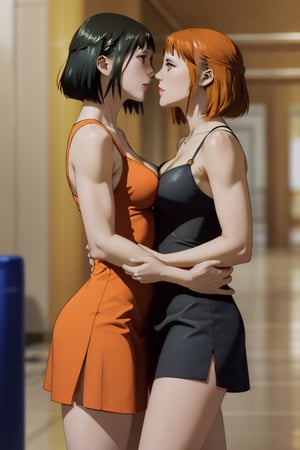 perfect anatomy, perfect proportions, perfect perspective, lesbian couple, ((2 people)), first giving woman is Momomi ((momomi, long orange curly hair, green eyes, big breats, wide hips)), second receiving is woman is Valmet ((valmet, black hair, bob haircut, gray eyes, muscular body, big breasts, ripped abs, wide hips)), ((tight dresses with miniskirt)), different hair style, different hair color, different face, kiss, eye contact, lesbian, lesbian, slightly shy, charming, seductive, seductive face, highly detailed, detailed eyes, perfect light, on the city wall of the 2000's, urban, modern, (best quality), (8k), (masterpiece), best quality, 1 image, hug, momomi, valmet,Color Booster