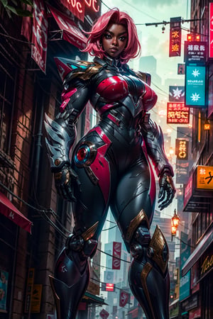 MECHA , Ingrid, a close-up, a beautiful woman, black skin, pink hair,  beautiful face, big breasts, ripped abs, wide hips, wide thighs, tight cybersuit, armored, white and red, niji, hdr, masterpiece, best quality, Ingrid