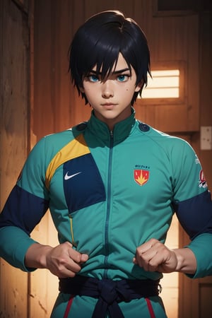 Hiro, 16 years old, Hiro has an average build, height, and a standard "slim" male physique. He has black, shaggy hair and rich blue eyes. He wears a grey martial arts uniform. He is a martial artist, detailed hands, ((energy power around his body)), ((detailed face)), solarpunk scenary in the background, 4k, interactive image, highly detailed, ki, power of the cosmos, Color Booster, hiro_franxx, sciamano240