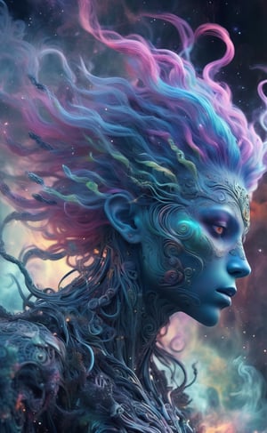 Imposing astral humanoid, colorful, hazy hair made of smoke, intricate details, chaos, luminescent, interactive, highly detailed, high resolution image.