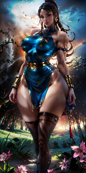 a beautiful woman, 23 years old, Chun-Li, femme fatale, brown hair, blue and gold dress, marked abs, voluptuous body, big breasts, very muscular shoulders, very muscular arms, wide hips, wide thighs , very muscular thighs, standing in the meadow, forest in the background, flowers on the trees, sunset, masterpiece, intricate and elaborate details, 