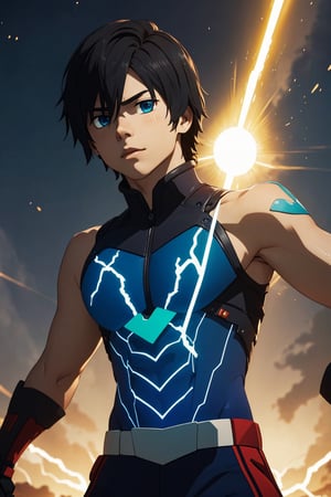 Hiro, 16 years old, Hiro has an average build, height, and a standard "slim" male physique. He has black, shaggy hair and rich blue eyes. He wears a grey martial arts uniform. He is a martial artist, detailed hands, ((energy power around his body)), ((detailed face)), solarpunk scenary in the background, 4k, interactive image, highly detailed, ki, power of the cosmos, Color Booster, (EnergyVeins: 1.4),  hiro_franxx