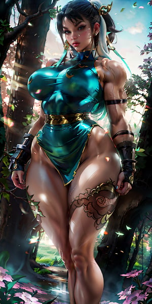 a beautiful woman, 23 years old, Chun-Li, femme fatale, Pink hair, Turquoise and Gold dress, marked abs, voluptuous body, big breasts, very muscular shoulders, very muscular arms, wide hips, wide thighs , very muscular thighs, standing in the meadow, forest in the background, flowers on the trees, sunset, masterpiece, intricate and elaborate details, 