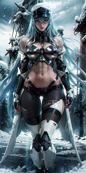 a beautiful woman, 25 years old, Esdeath, long LightBlue hair, white cybernetic armor, black ornaments, broad shoulders, strong arms, large breasts, ripped abs, wide hips, wide thighs,  standing on snow, ruins of the old city and winter forest in the background , snowy day, stormy sky, soft colors, masterpiece, intricate and elaborate details. robot, solo, 1girl, esdeath