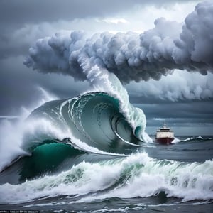 masterpiece, finely detailed, great diffusion, great composition, astounding detail, UHD, cargo ship soaring through rough ocean storm, huge waves towering, thunderstorm, lots of rain, snow, 