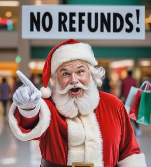Santa is mad, he is pointing to a small sign text "no refunds". Detailed background of a shopping center.