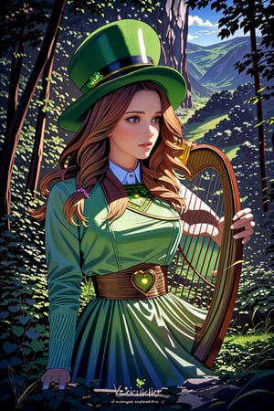  Photo illustration, (Masterpiece:1.3) beautiful Cheryl, sexy, dressed as the (Irish) princess, leprechaun, green derby hat::
Background illustration of Celtic knot, gold_(metal),  (lucky clover:1.2), shamrocks, (Cheryl playing a magic (heart shaped) Harp:1.2), golden braid, lush green forest:: 
 Lucky clover leaf corners,irish, Shamrock, clover, edgShamrock,girl,edgShamrock, green dress,<lora:659111690174031528:1.0>