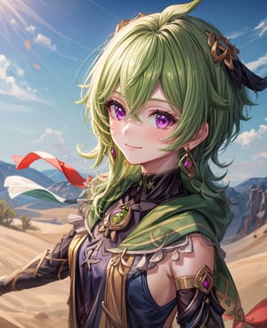 (masterpiece, best quality), (4k), 1girl, collei, genshin_impact, smile, detached_sleeves, desert, close up, upper_body