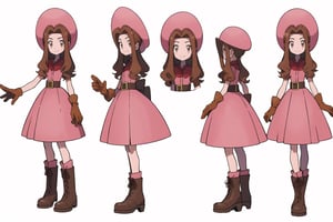 multiple views, model sheet, masterpiece, best quality, facing viewer, sugimori ken \(style\), {big milkers} (full body), 1 girl, {{{ cowgirl hat, pink dress, ruffle dress with string strips, leather belt, women's boots, leather gloves, cactis pokemon}}}, mom and daughter, 1 girl, {White background} <<big milkers>> ,Tachikawa Mimi