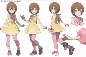 multiple views, model sheet, masterpiece, best quality, facing viewer, sugimori ken \(style\), {big milkers} (full body), 1 girl, {{{yellow dress,pink pants,happy,}}}, mom and daughter, 1 girl, {White background} <<big milkers>> ,takenouchi sora,HikariDigi