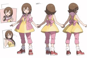 multiple views, model sheet, masterpiece, best quality, facing viewer, sugimori ken \(style\), {big milkers} (full body), 1 girl, {{{yellow dress,pink pants,happy,}}}, mom and daughter, 1 girl, {White background} <<big milkers>> ,takenouchi sora,HikariDigi