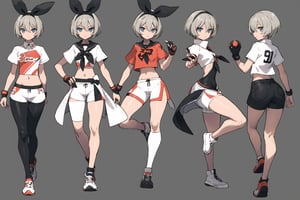 multiple views, Model sheet, masterpiece, best quality, looking at viewer, sugimori ken \(style\), {big milkers} (full body), 1girl,  {{{ pokemonbea, pokemonbea-lora-nochekaiser, pokemonbea, blue eyes, dark skin, dark skinned woman, gray hair, hair between eyes, short hair, ribbon, hairband, headband, black ribbon, black headband, BREAK monkey, navel covered, shorts, simple glove, glove, crop top, white crop top, short sleeves, collar, white shorts,BREAK inside, dojo,BREAK looking at viewer, (jean photo: 1.5),BREAK < GoodHands -beta, (masterpiece:1.2), best quality, high resolution, unity 8k wallpaper, (artwork:0.8), (beautiful detailed eyes:1.6), extremely detailed face, perfect lighting, CG extremely detailed, (perfect hands, perfect anatomy), }}}, semi-nude, mom and daughter, 1girl, {White background} <<big milkers>> SMAce, masterpiece, best quality, , masterpiece, {{illustration}}, {best quality}, {{hi res}},tashigi,glasses,AGE REGRESSION,kinomoto sakura,Cardcaptor_Sakura,Bianca