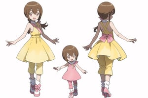 multiple views, model sheet, masterpiece, best quality, facing viewer, sugimori ken \(style\), {big milkers} (full body), 1 girl, {{{yellow dress,pink pants,happy,}}}, mom and daughter, 1 girl, {White background} <<big milkers>> ,takenouchi sora,HikariDigi