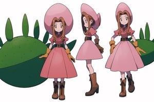 multiple views, model sheet, masterpiece, best quality, facing viewer, sugimori ken \(style\), {big milkers} (full body), 1 girl, {{{masterpiece, cowgirl hat, pink dress, ruffle dress with string strips, leather belt, women's boots, leather gloves, garden with blooming cacti}}}, mom and daughter, 1 girl, {White background} <<big milkers>> ,Tachikawa Mimi