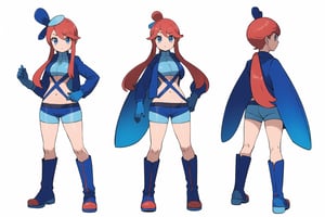 multiple views, Model sheet, masterpiece, best quality, looking at viewer, sugimori ken \(style\), {big milkers} (full body), 1girl,  {{{(pokemonskyla, blue eyes, hair ornament, one side up, red hair, short hair with long locks, sidelocks,BREAK blue footwear, blue gloves, blue jacket, blue shorts, boots, crop top, cropped jacket, gloves, jacket, midriff, navel, short shorts, shorts, thigh pouch}}}, semi-nude, mom and daughter, 1girl, {White background} <<big milkers>> SMAce, masterpiece, best quality, , masterpiece, {{illustration}}, {best quality}, {{hi res}},Kanna Kamui 



