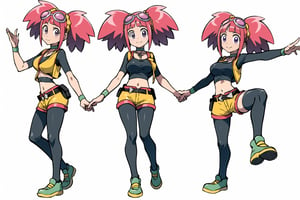 multiple views, Model sheet, masterpiece, best quality, looking at viewer, sugimori ken \(style\), {big milkers} (full body), 1girl, {{{Zoe Drake,1girl, blush, bangs, navel, twintails, jewelry, purple eyes, pink hair, goggles, goggles on head,choker, midriff, open clothes, thighhighs, crop top, open vest, shorts, shoes, belt, wristband,black thighhighs, black crop top, yellow vest, yellow shorts, green shoes, vest over crop top,  }}}, semi-nude, mom and daughter, 1girl, {White background} <<big milkers>> SMAce, masterpiece, best quality, masterpiece, perfect hands, tight pants, thick thighs {{illustration}}, {best quality}, {{hi res}},mallow \(pokemon\)