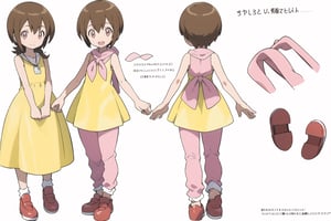 multiple views, model sheet, masterpiece, best quality, facing viewer, sugimori ken \(style\), {big milkers} (full body), 1 girl, {{{yellow dress,pink pants,happy,}}}, mom and daughter, 1 girl, {White background} <<big milkers>> ,takenouchi sora,HikariDigi