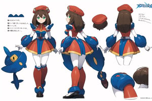 multiple views, Model sheet, masterpiece, best quality, looking at viewer, sugimori ken \(style\), {big milkers} (full body), 1girl,  {{{ iris_megamanx, 1girl, solo, android, long hair, breasts, brown hair, hat, green eyes, white gloves, beret, white footwear, }}}, semi-nude, mom and daughter, 1girl, {White background} <<big milkers>> SMAce, masterpiece, best quality, , masterpiece, {{illustration}}, {best quality}, {{hi res}},Carina,iris_megamanx