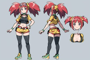 multiple views, Model sheet, masterpiece, best quality, looking at viewer, sugimori ken \(style\), {big milkers} (full body), 1girl, {{{Zoe Drake,1girl, blush, bangs, navel, twintails, jewelry, purple eyes, pink hair, goggles, goggles on head,choker, midriff, open clothes, thighhighs, crop top, open vest, shorts, shoes, belt, wristband,black thighhighs, black crop top, yellow vest, yellow shorts, green shoes, vest over crop top,  }}}, semi-nude, mom and daughter, 1girl, {White background} <<big milkers>> SMAce, masterpiece, best quality, masterpiece, perfect hands, tight pants, thick thighs {{illustration}}, {best quality}, {{hi res}},mallow \(pokemon\)