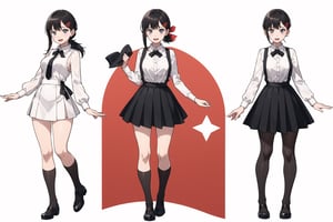 multiple views, Model sheet, masterpiece, best quality, looking at viewer, sugimori ken \(style\), {big milkers} (full body), 1girl,  {{{ 
solo, Kobeni , white shirt  (scared:0.6), tears, black tie, takeda hiromitsu style, white sleeveless shirt, black formal mini skirt  }}}, semi-nude, mom and daughter, 1girl, {White background} <<big milkers>> SMAce, masterpiece, best quality, masterpiece, {{illustration}}, {best quality}, {{hi res}},