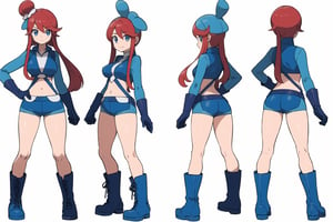 multiple views, Model sheet, masterpiece, best quality, looking at viewer, sugimori ken \(style\), {big milkers} (full body), 1girl,  {{{(pokemonskyla, blue eyes, hair ornament, one side up, red hair, short hair with long locks, sidelocks,BREAK blue footwear, blue gloves, blue jacket, blue shorts, boots, crop top, cropped jacket, gloves, jacket, midriff, navel, short shorts, shorts, thigh pouch}}}, semi-nude, mom and daughter, 1girl, {White background} <<big milkers>> SMAce, masterpiece, best quality, , masterpiece, {{illustration}}, {best quality}, {{hi res}},Kanna Kamui 



