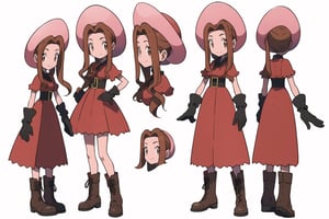 multiple views, model sheet, masterpiece, best quality, facing viewer, sugimori ken \(style\), {big milkers} (full body), 1 girl, {{{masterpiece, cowgirl hat, pink dress, ruffle dress with string strips, leather belt, women's boots, leather gloves, garden with blooming cacti}}}, mom and daughter, 1 girl, {White background} <<big milkers>> ,Tachikawa Mimi